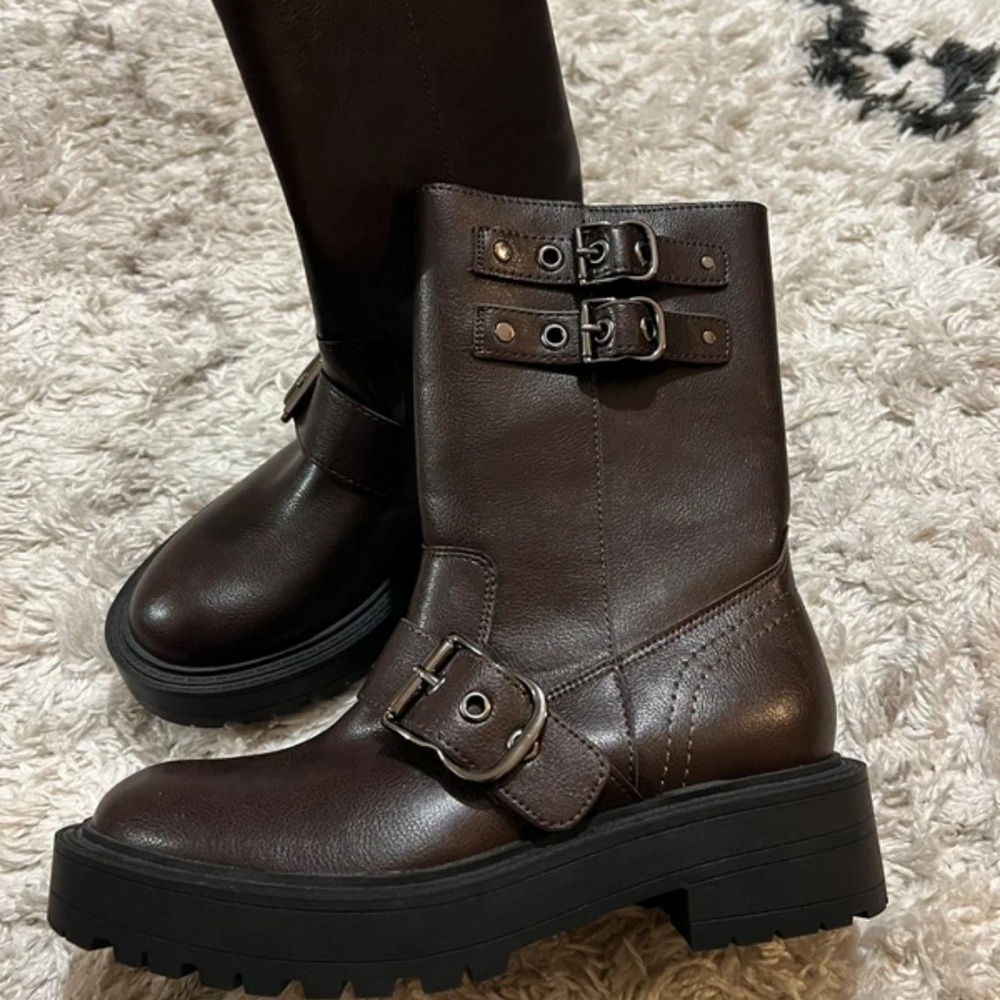 Stradivarius Chocolate Leather Moto Boots with Straps
